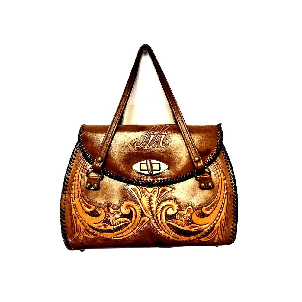 Vintage Hand tooled Leather Handbag Floral Turn Lock Monogram M western style